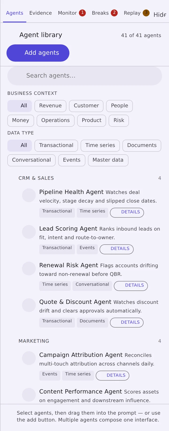 The Agent library panel with search, business-context and data-type filters, and agents grouped by domain.